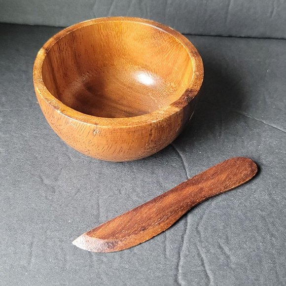 Vintage Wood Snack Chip and Dip Serving Set Tray Bowls and Wood Spreader Knife T - Picture 3 of 6